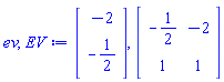 ev, EV := Vector(2, {(1) = -2, (2) = -1/2}), Matrix(2, 2, {(1, 1) = -1/2, (1, 2) = -2, (2, 1) = 1, (2, 2) = 1})