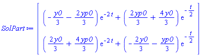 Vector(2, {(1) = (-(1/3)*y0-(2/3)*yp0)*exp(-2*t)+((2/3)*yp0+(4/3)*y0)*exp(-(1/2)*t), (2) = ((2/3)*y0+(4/3)*yp0)*exp(-2*t)+(-(2/3)*y0-(1/3)*yp0)*exp(-(1/2)*t)})