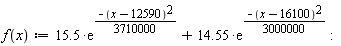 f := proc (x) options operator, arrow; 15.5*exp(-(1/3710000)*(x-12590)^2)+14.55*exp(-(1/3000000)*(x-16100)^2) end proc: