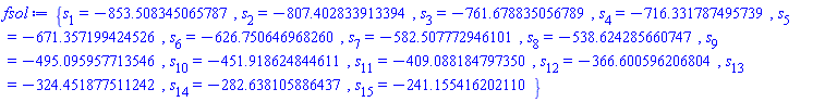 {s[1] = -853.508345065787, s[2] = -807.402833913394, s[3] = -761.678835056789, s[4] = -716.331787495739, s[5] = -671.357199424526, s[6] = -626.750646968260, s[7] = -582.507772946101, s[8] = -538.624285660747, s[9] = -495.095957713546, s[10] = -451.918624844611, s[11] = -409.088184797350, s[12] = -366.600596206804, s[13] = -324.451877511242, s[14] = -282.638105886437, s[15] = -241.155416202110}