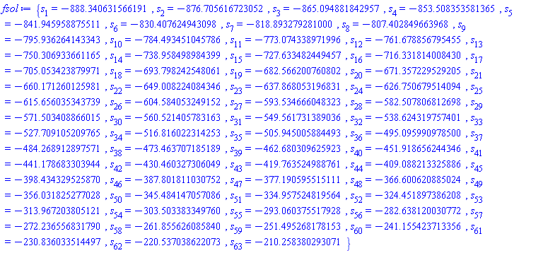 {s[1] = -888.340631566191, s[2] = -876.705616723052, s[3] = -865.094881842957, s[4] = -853.508353581365, s[5] = -841.945958875511, s[6] = -830.407624943098, s[7] = -818.893279281000, s[8] = -807.402849663968, s[9] = -795.936264143343, s[10] = -784.493451045786, s[11] = -773.074338971996, s[12] = -761.678856795455, s[13] = -750.306933661165, s[14] = -738.958498984399, s[15] = -727.633482449457, s[16] = -716.331814008430, s[17] = -705.053423879971, s[18] = -693.798242548061, s[19] = -682.566200760802, s[20] = -671.357229529205, s[21] = -660.171260125981, s[22] = -649.008224084346, s[23] = -637.868053196831, s[24] = -626.750679514094, s[25] = -615.656035343739, s[26] = -604.584053249152, s[27] = -593.534666048323, s[28] = -582.507806812698, s[29] = -571.503408866015, s[30] = -560.521405783163, s[31] = -549.561731389036, s[32] = -538.624319757401, s[33] = -527.709105209765, s[34] = -516.816022314253, s[35] = -505.945005884493, s[36] = -495.095990978500, s[37] = -484.268912897571, s[38] = -473.463707185189, s[39] = -462.680309625923, s[40] = -451.918656244346, s[41] = -441.178683303944, s[42] = -430.460327306049, s[43] = -419.763524988761, s[44] = -409.088213325886, s[45] = -398.434329525870, s[46] = -387.801811030752, s[47] = -377.190595515111, s[48] = -366.600620885024, s[49] = -356.031825277028, s[50] = -345.484147057086, s[51] = -334.957524819564, s[52] = -324.451897386208, s[53] = -313.967203805121, s[54] = -303.503383349760, s[55] = -293.060375517928, s[56] = -282.638120030772, s[57] = -272.236556831790, s[58] = -261.855626085840, s[59] = -251.495268178153, s[60] = -241.155423713356, s[61] = -230.836033514497, s[62] = -220.537038622073, s[63] = -210.258380293071}