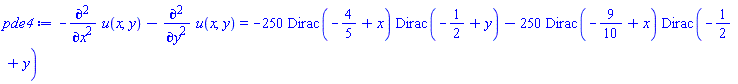 -(diff(diff(u(x, y), x), x))-(diff(diff(u(x, y), y), y)) = -250*Dirac(-4/5+x)*Dirac(-1/2+y)-250*Dirac(-9/10+x)*Dirac(-1/2+y)