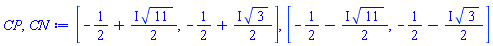 [-1/2+((1/2)*I)*11^(1/2), -1/2+((1/2)*I)*3^(1/2)], [-1/2-((1/2)*I)*11^(1/2), -1/2-((1/2)*I)*3^(1/2)]