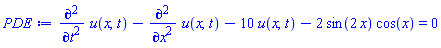 diff(diff(u(x, t), t), t)-(diff(diff(u(x, t), x), x))-10*u(x, t)-2*sin(2*x)*cos(x) = 0
