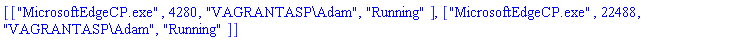 [["MicrosoftEdgeCP.exe", 4280, "VAGRANTASP\Adam", "Running"], ["MicrosoftEdgeCP.exe", 22488, "VAGRANTASP\Adam", "Running"]]
