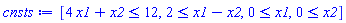 [4*x1+x2 <= 12, 2 <= x1-x2, 0 <= x1, 0 <= x2]