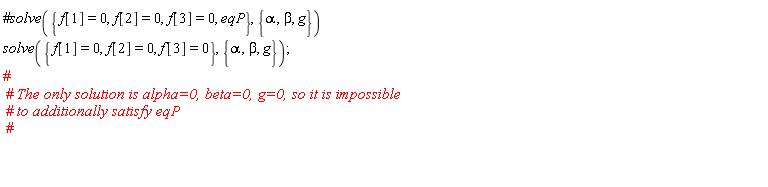 solve({f[1] = 0, f[2] = 0, f[3] = 0}, {alpha, beta, g})