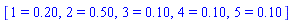 [1 = .20, 2 = .50, 3 = .10, 4 = .10, 5 = .10]