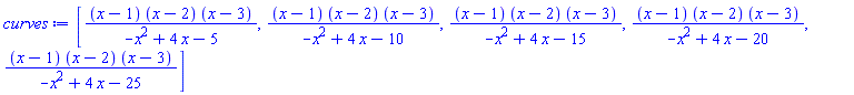 [(x-1)*(x-2)*(x-3)/(-x^2+4*x-5), (x-1)*(x-2)*(x-3)/(-x^2+4*x-10), (x-1)*(x-2)*(x-3)/(-x^2+4*x-15), (x-1)*(x-2)*(x-3)/(-x^2+4*x-20), (x-1)*(x-2)*(x-3)/(-x^2+4*x-25)]