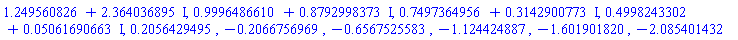 1.249560826+2.364036895*I, .9996486610+.8792998373*I, .7497364956+.3142900773*I, .4998243302+0.5061690663e-1*I, .2056429495, -.2066756969, -.6567525583, -1.124424887, -1.601901820, -2.085401432