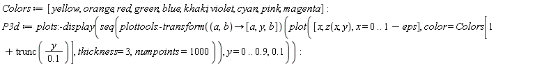 Colors := [yellow, orange, red, green, blue, khaki, violet, cyan, pink, magenta]; P3d := plots:-display(seq((plottools:-transform(proc (a, b) options operator, arrow; [a, y, b] end proc))(plot([x, z(x, y), x = 0 .. 1-eps], color = Colors[1+trunc(y/(.1))], thickness = 3, numpoints = 1000)), y = 0 .. .9, .1))