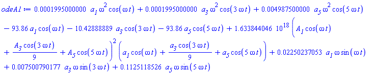 0.1995000000e-3*a__1*omega^2*cos(omega*t)+0.1995000000e-3*a__3*omega^2*cos(3*omega*t)+0.4987500000e-2*a__5*omega^2*cos(5*omega*t)-93.86*a__1*cos(omega*t)-10.42888889*a__3*cos(3*omega*t)-93.86*a__5*cos(5*omega*t)+0.1633844046e19*(A__1*cos(omega*t)+(1/9)*A__3*cos(3*omega*t)+A__5*cos(5*omega*t))^2*(a__1*cos(omega*t)+(1/9)*a__3*cos(3*omega*t)+a__5*cos(5*omega*t))+0.2250237053e-1*a__1*omega*sin(omega*t)+0.7500790177e-2*a__3*omega*sin(3*omega*t)+.1125118526*a__5*omega*sin(5*omega*t)