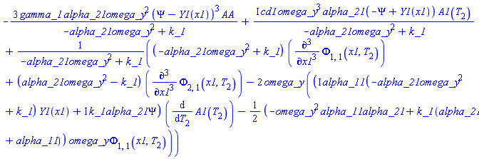 -3*gamma_1*alpha_21*omega_y^2*(Psi-Y1(x1))^3*AA/(-alpha_21*omega_y^2+k_1)+I*cd1*omega_y^3*alpha_21*(-Psi+Y1(x1))*A1(T[2])/(-alpha_21*omega_y^2+k_1)+((-alpha_21*omega_y^2+k_1)*(diff(diff(diff(Phi[1, 1](x1, T[2]), x1), x1), x1))+(alpha_21*omega_y^2-k_1)*(diff(diff(diff(Phi[2, 1](x1, T[2]), x1), x1), x1))-2*omega_y*((I*alpha_11*(-alpha_21*omega_y^2+k_1)*Y1(x1)+I*k_1*alpha_21*Psi)*(diff(A1(T[2]), T[2]))-(1/2)*(-omega_y^2*alpha_11*alpha_21+k_1*(alpha_21+alpha_11))*omega_y*Phi[1, 1](x1, T[2])))/(-alpha_21*omega_y^2+k_1)