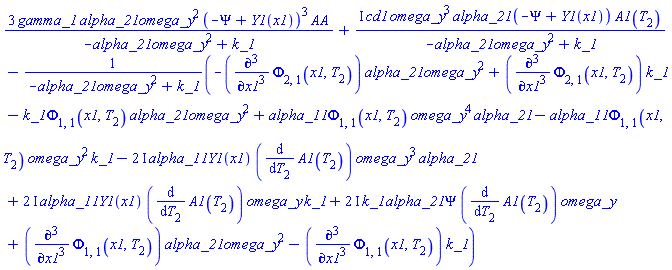 3*gamma_1*alpha_21*omega_y^2*(-Psi+Y1(x1))^3*AA/(-alpha_21*omega_y^2+k_1)+I*cd1*omega_y^3*alpha_21*(-Psi+Y1(x1))*A1(T[2])/(-alpha_21*omega_y^2+k_1)-(-(diff(diff(diff(Phi[2, 1](x1, T[2]), x1), x1), x1))*alpha_21*omega_y^2+(diff(diff(diff(Phi[2, 1](x1, T[2]), x1), x1), x1))*k_1-k_1*Phi[1, 1](x1, T[2])*alpha_21*omega_y^2+alpha_11*Phi[1, 1](x1, T[2])*omega_y^4*alpha_21-alpha_11*Phi[1, 1](x1, T[2])*omega_y^2*k_1-(2*I)*alpha_11*Y1(x1)*(diff(A1(T[2]), T[2]))*omega_y^3*alpha_21+(2*I)*alpha_11*Y1(x1)*(diff(A1(T[2]), T[2]))*omega_y*k_1+(2*I)*k_1*alpha_21*Psi*(diff(A1(T[2]), T[2]))*omega_y+(diff(diff(diff(Phi[1, 1](x1, T[2]), x1), x1), x1))*alpha_21*omega_y^2-(diff(diff(diff(Phi[1, 1](x1, T[2]), x1), x1), x1))*k_1)/(-alpha_21*omega_y^2+k_1)