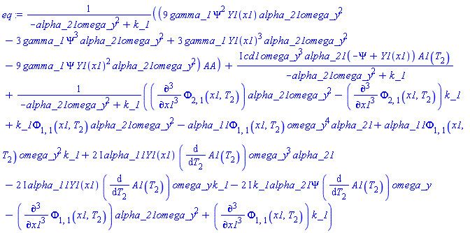 (9*gamma_1*Psi^2*Y1(x1)*alpha_21*omega_y^2-3*gamma_1*Psi^3*alpha_21*omega_y^2+3*gamma_1*Y1(x1)^3*alpha_21*omega_y^2-9*gamma_1*Psi*Y1(x1)^2*alpha_21*omega_y^2)*AA/(-alpha_21*omega_y^2+k_1)+I*cd1*omega_y^3*alpha_21*(-Psi+Y1(x1))*A1(T[2])/(-alpha_21*omega_y^2+k_1)+((diff(diff(diff(Phi[2, 1](x1, T[2]), x1), x1), x1))*alpha_21*omega_y^2-(diff(diff(diff(Phi[2, 1](x1, T[2]), x1), x1), x1))*k_1+k_1*Phi[1, 1](x1, T[2])*alpha_21*omega_y^2-alpha_11*Phi[1, 1](x1, T[2])*omega_y^4*alpha_21+alpha_11*Phi[1, 1](x1, T[2])*omega_y^2*k_1+(2*I)*alpha_11*Y1(x1)*(diff(A1(T[2]), T[2]))*omega_y^3*alpha_21-(2*I)*alpha_11*Y1(x1)*(diff(A1(T[2]), T[2]))*omega_y*k_1-(2*I)*k_1*alpha_21*Psi*(diff(A1(T[2]), T[2]))*omega_y-(diff(diff(diff(Phi[1, 1](x1, T[2]), x1), x1), x1))*alpha_21*omega_y^2+(diff(diff(diff(Phi[1, 1](x1, T[2]), x1), x1), x1))*k_1)/(-alpha_21*omega_y^2+k_1)