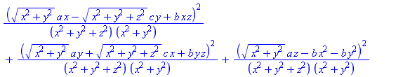 ((x^2+y^2)^(1/2)*a*x-(x^2+y^2+z^2)^(1/2)*c*y+b*x*z)^2/((x^2+y^2+z^2)*(x^2+y^2))+((x^2+y^2)^(1/2)*a*y+(x^2+y^2+z^2)^(1/2)*c*x+b*y*z)^2/((x^2+y^2+z^2)*(x^2+y^2))+((x^2+y^2)^(1/2)*a*z-b*x^2-b*y^2)^2/((x^2+y^2+z^2)*(x^2+y^2))