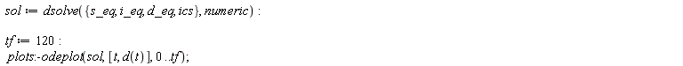 sol := dsolve({d_eq, i_eq, ics, s_eq}, numeric); tf := 120; plots:-odeplot(sol, [t, d(t)], 0 .. tf)