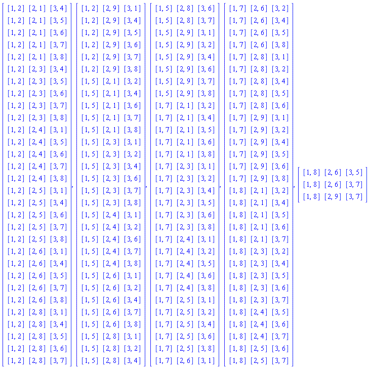 Matrix(30, 3, {(1, 1) = [1, 2], (1, 2) = [2, 1], (1, 3) = [3, 4], (2, 1) = [1, 2], (2, 2) = [2, 1], (2, 3) = [3, 5], (3, 1) = [1, 2], (3, 2) = [2, 1], (3, 3) = [3, 6], (4, 1) = [1, 2], (4, 2) = [2, 1], (4, 3) = [3, 7], (5, 1) = [1, 2], (5, 2) = [2, 1], (5, 3) = [3, 8], (6, 1) = [1, 2], (6, 2) = [2, 3], (6, 3) = [3, 4], (7, 1) = [1, 2], (7, 2) = [2, 3], (7, 3) = [3, 5], (8, 1) = [1, 2], (8, 2) = [2, 3], (8, 3) = [3, 6], (9, 1) = [1, 2], (9, 2) = [2, 3], (9, 3) = [3, 7], (10, 1) = [1, 2], (10, 2) = [2, 3], (10, 3) = [3, 8], (11, 1) = [1, 2], (11, 2) = [2, 4], (11, 3) = [3, 1], (12, 1) = [1, 2], (12, 2) = [2, 4], (12, 3) = [3, 5], (13, 1) = [1, 2], (13, 2) = [2, 4], (13, 3) = [3, 6], (14, 1) = [1, 2], (14, 2) = [2, 4], (14, 3) = [3, 7], (15, 1) = [1, 2], (15, 2) = [2, 4], (15, 3) = [3, 8], (16, 1) = [1, 2], (16, 2) = [2, 5], (16, 3) = [3, 1], (17, 1) = [1, 2], (17, 2) = [2, 5], (17, 3) = [3, 4], (18, 1) = [1, 2], (18, 2) = [2, 5], (18, 3) = [3, 6], (19, 1) = [1, 2], (19, 2) = [2, 5], (19, 3) = [3, 7], (20, 1) = [1, 2], (20, 2) = [2, 5], (20, 3) = [3, 8], (21, 1) = [1, 2], (21, 2) = [2, 6], (21, 3) = [3, 1], (22, 1) = [1, 2], (22, 2) = [2, 6], (22, 3) = [3, 4], (23, 1) = [1, 2], (23, 2) = [2, 6], (23, 3) = [3, 5], (24, 1) = [1, 2], (24, 2) = [2, 6], (24, 3) = [3, 7], (25, 1) = [1, 2], (25, 2) = [2, 6], (25, 3) = [3, 8], (26, 1) = [1, 2], (26, 2) = [2, 8], (26, 3) = [3, 1], (27, 1) = [1, 2], (27, 2) = [2, 8], (27, 3) = [3, 4], (28, 1) = [1, 2], (28, 2) = [2, 8], (28, 3) = [3, 5], (29, 1) = [1, 2], (29, 2) = [2, 8], (29, 3) = [3, 6], (30, 1) = [1, 2], (30, 2) = [2, 8], (30, 3) = [3, 7]}), Matrix(30, 3, {(1, 1) = [1, 2], (1, 2) = [2, 9], (1, 3) = [3, 1], (2, 1) = [1, 2], (2, 2) = [2, 9], (2, 3) = [3, 4], (3, 1) = [1, 2], (3, 2) = [2, 9], (3, 3) = [3, 5], (4, 1) = [1, 2], (4, 2) = [2, 9], (4, 3) = [3, 6], (5, 1) = [1, 2], (5, 2) = [2, 9], (5, 3) = [3, 7], (6, 1) = [1, 2], (6, 2) = [2, 9], (6, 3) = [3, 8], (7, 1) = [1, 5], (7, 2) = [2, 1], (7, 3) = [3, 2], (8, 1) = [1, 5], (8, 2) = [2, 1], (8, 3) = [3, 4], (9, 1) = [1, 5], (9, 2) = [2, 1], (9, 3) = [3, 6], (10, 1) = [1, 5], (10, 2) = [2, 1], (10, 3) = [3, 7], (11, 1) = [1, 5], (11, 2) = [2, 1], (11, 3) = [3, 8], (12, 1) = [1, 5], (12, 2) = [2, 3], (12, 3) = [3, 1], (13, 1) = [1, 5], (13, 2) = [2, 3], (13, 3) = [3, 2], (14, 1) = [1, 5], (14, 2) = [2, 3], (14, 3) = [3, 4], (15, 1) = [1, 5], (15, 2) = [2, 3], (15, 3) = [3, 6], (16, 1) = [1, 5], (16, 2) = [2, 3], (16, 3) = [3, 7], (17, 1) = [1, 5], (17, 2) = [2, 3], (17, 3) = [3, 8], (18, 1) = [1, 5], (18, 2) = [2, 4], (18, 3) = [3, 1], (19, 1) = [1, 5], (19, 2) = [2, 4], (19, 3) = [3, 2], (20, 1) = [1, 5], (20, 2) = [2, 4], (20, 3) = [3, 6], (21, 1) = [1, 5], (21, 2) = [2, 4], (21, 3) = [3, 7], (22, 1) = [1, 5], (22, 2) = [2, 4], (22, 3) = [3, 8], (23, 1) = [1, 5], (23, 2) = [2, 6], (23, 3) = [3, 1], (24, 1) = [1, 5], (24, 2) = [2, 6], (24, 3) = [3, 2], (25, 1) = [1, 5], (25, 2) = [2, 6], (25, 3) = [3, 4], (26, 1) = [1, 5], (26, 2) = [2, 6], (26, 3) = [3, 7], (27, 1) = [1, 5], (27, 2) = [2, 6], (27, 3) = [3, 8], (28, 1) = [1, 5], (28, 2) = [2, 8], (28, 3) = [3, 1], (29, 1) = [1, 5], (29, 2) = [2, 8], (29, 3) = [3, 2], (30, 1) = [1, 5], (30, 2) = [2, 8], (30, 3) = [3, 4]}), Matrix(30, 3, {(1, 1) = [1, 5], (1, 2) = [2, 8], (1, 3) = [3, 6], (2, 1) = [1, 5], (2, 2) = [2, 8], (2, 3) = [3, 7], (3, 1) = [1, 5], (3, 2) = [2, 9], (3, 3) = [3, 1], (4, 1) = [1, 5], (4, 2) = [2, 9], (4, 3) = [3, 2], (5, 1) = [1, 5], (5, 2) = [2, 9], (5, 3) = [3, 4], (6, 1) = [1, 5], (6, 2) = [2, 9], (6, 3) = [3, 6], (7, 1) = [1, 5], (7, 2) = [2, 9], (7, 3) = [3, 7], (8, 1) = [1, 5], (8, 2) = [2, 9], (8, 3) = [3, 8], (9, 1) = [1, 7], (9, 2) = [2, 1], (9, 3) = [3, 2], (10, 1) = [1, 7], (10, 2) = [2, 1], (10, 3) = [3, 4], (11, 1) = [1, 7], (11, 2) = [2, 1], (11, 3) = [3, 5], (12, 1) = [1, 7], (12, 2) = [2, 1], (12, 3) = [3, 6], (13, 1) = [1, 7], (13, 2) = [2, 1], (13, 3) = [3, 8], (14, 1) = [1, 7], (14, 2) = [2, 3], (14, 3) = [3, 1], (15, 1) = [1, 7], (15, 2) = [2, 3], (15, 3) = [3, 2], (16, 1) = [1, 7], (16, 2) = [2, 3], (16, 3) = [3, 4], (17, 1) = [1, 7], (17, 2) = [2, 3], (17, 3) = [3, 5], (18, 1) = [1, 7], (18, 2) = [2, 3], (18, 3) = [3, 6], (19, 1) = [1, 7], (19, 2) = [2, 3], (19, 3) = [3, 8], (20, 1) = [1, 7], (20, 2) = [2, 4], (20, 3) = [3, 1], (21, 1) = [1, 7], (21, 2) = [2, 4], (21, 3) = [3, 2], (22, 1) = [1, 7], (22, 2) = [2, 4], (22, 3) = [3, 5], (23, 1) = [1, 7], (23, 2) = [2, 4], (23, 3) = [3, 6], (24, 1) = [1, 7], (24, 2) = [2, 4], (24, 3) = [3, 8], (25, 1) = [1, 7], (25, 2) = [2, 5], (25, 3) = [3, 1], (26, 1) = [1, 7], (26, 2) = [2, 5], (26, 3) = [3, 2], (27, 1) = [1, 7], (27, 2) = [2, 5], (27, 3) = [3, 4], (28, 1) = [1, 7], (28, 2) = [2, 5], (28, 3) = [3, 6], (29, 1) = [1, 7], (29, 2) = [2, 5], (29, 3) = [3, 8], (30, 1) = [1, 7], (30, 2) = [2, 6], (30, 3) = [3, 1]}), Matrix(30, 3, {(1, 1) = [1, 7], (1, 2) = [2, 6], (1, 3) = [3, 2], (2, 1) = [1, 7], (2, 2) = [2, 6], (2, 3) = [3, 4], (3, 1) = [1, 7], (3, 2) = [2, 6], (3, 3) = [3, 5], (4, 1) = [1, 7], (4, 2) = [2, 6], (4, 3) = [3, 8], (5, 1) = [1, 7], (5, 2) = [2, 8], (5, 3) = [3, 1], (6, 1) = [1, 7], (6, 2) = [2, 8], (6, 3) = [3, 2], (7, 1) = [1, 7], (7, 2) = [2, 8], (7, 3) = [3, 4], (8, 1) = [1, 7], (8, 2) = [2, 8], (8, 3) = [3, 5], (9, 1) = [1, 7], (9, 2) = [2, 8], (9, 3) = [3, 6], (10, 1) = [1, 7], (10, 2) = [2, 9], (10, 3) = [3, 1], (11, 1) = [1, 7], (11, 2) = [2, 9], (11, 3) = [3, 2], (12, 1) = [1, 7], (12, 2) = [2, 9], (12, 3) = [3, 4], (13, 1) = [1, 7], (13, 2) = [2, 9], (13, 3) = [3, 5], (14, 1) = [1, 7], (14, 2) = [2, 9], (14, 3) = [3, 6], (15, 1) = [1, 7], (15, 2) = [2, 9], (15, 3) = [3, 8], (16, 1) = [1, 8], (16, 2) = [2, 1], (16, 3) = [3, 2], (17, 1) = [1, 8], (17, 2) = [2, 1], (17, 3) = [3, 4], (18, 1) = [1, 8], (18, 2) = [2, 1], (18, 3) = [3, 5], (19, 1) = [1, 8], (19, 2) = [2, 1], (19, 3) = [3, 6], (20, 1) = [1, 8], (20, 2) = [2, 1], (20, 3) = [3, 7], (21, 1) = [1, 8], (21, 2) = [2, 3], (21, 3) = [3, 2], (22, 1) = [1, 8], (22, 2) = [2, 3], (22, 3) = [3, 4], (23, 1) = [1, 8], (23, 2) = [2, 3], (23, 3) = [3, 5], (24, 1) = [1, 8], (24, 2) = [2, 3], (24, 3) = [3, 6], (25, 1) = [1, 8], (25, 2) = [2, 3], (25, 3) = [3, 7], (26, 1) = [1, 8], (26, 2) = [2, 4], (26, 3) = [3, 5], (27, 1) = [1, 8], (27, 2) = [2, 4], (27, 3) = [3, 6], (28, 1) = [1, 8], (28, 2) = [2, 4], (28, 3) = [3, 7], (29, 1) = [1, 8], (29, 2) = [2, 5], (29, 3) = [3, 6], (30, 1) = [1, 8], (30, 2) = [2, 5], (30, 3) = [3, 7]}), Matrix(3, 3, {(1, 1) = [1, 8], (1, 2) = [2, 6], (1, 3) = [3, 5], (2, 1) = [1, 8], (2, 2) = [2, 6], (2, 3) = [3, 7], (3, 1) = [1, 8], (3, 2) = [2, 9], (3, 3) = [3, 7]})