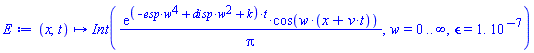 proc (x, t) options operator, arrow; Int(exp((-esp*w^4+disp*w^2+k)*t)*cos(w*(x+v*t))/Pi, w = 0 .. infinity, epsilon = 0.1e-6) end proc