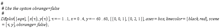 DEplot([eqn], [x(tau), y(tau)], tau = -1 .. 1, x = 0 .. 4, y = -60 .. 60, [[0, 0, 1], [0, 2, 1]], axes = box, linecolor = [black, red], scene = [tau, y], obsrange = false)