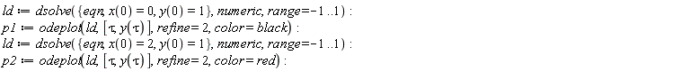 ld := dsolve({eqn, x(0) = 0, y(0) = 1}, numeric, range = -1 .. 1); p1 := odeplot(ld, [tau, y(tau)], refine = 2, color = black); ld := dsolve({eqn, x(0) = 2, y(0) = 1}, numeric, range = -1 .. 1); p2 := odeplot(ld, [tau, y(tau)], refine = 2, color = red)