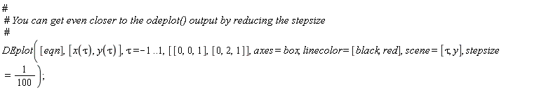 DEplot([eqn], [x(tau), y(tau)], tau = -1 .. 1, [[0, 0, 1], [0, 2, 1]], axes = box, linecolor = [black, red], scene = [tau, y], stepsize = 1/100)