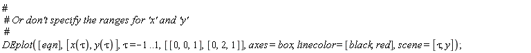 DEplot([eqn], [x(tau), y(tau)], tau = -1 .. 1, [[0, 0, 1], [0, 2, 1]], axes = box, linecolor = [black, red], scene = [tau, y])