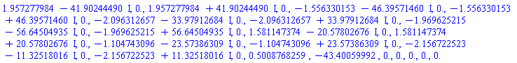 1.957277984-41.90244490*I, 0., 1.957277984+41.90244490*I, 0., -1.556330153-46.39571460*I, 0., -1.556330153+46.39571460*I, 0., -2.096312657-33.97912684*I, 0., -2.096312657+33.97912684*I, 0., -1.969625215-56.64504935*I, 0., -1.969625215+56.64504935*I, 0., 1.581147374-20.57802676*I, 0., 1.581147374+20.57802676*I, 0., -1.104743096-23.57386309*I, 0., -1.104743096+23.57386309*I, 0., -2.156722523-11.32518016*I, 0., -2.156722523+11.32518016*I, 0., .5008768259, -43.40059992, 0., 0., 0., 0., 0.