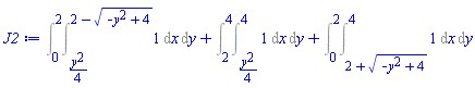 Int(1, [x = (1/4)*y^2 .. 2-(-y^2+4)^(1/2), y = 0 .. 2])+Int(1, [x = (1/4)*y^2 .. 4, y = 2 .. 4])+Int(1, [x = 2+(-y^2+4)^(1/2) .. 4, y = 0 .. 2])