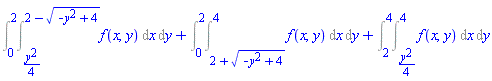 Int(f(x, y), x = (1/4)*y^2 .. 2-(-y^2+4)^(1/2), y = 0 .. 2)+Int(f(x, y), x = 2+(-y^2+4)^(1/2) .. 4, y = 0 .. 2)+Int(f(x, y), x = (1/4)*y^2 .. 4, y = 2 .. 4)