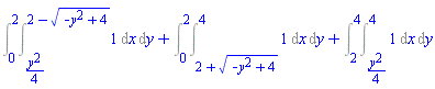 Int(1, x = (1/4)*y^2 .. 2-(-y^2+4)^(1/2), y = 0 .. 2)+Int(1, x = 2+(-y^2+4)^(1/2) .. 4, y = 0 .. 2)+Int(1, x = (1/4)*y^2 .. 4, y = 2 .. 4)