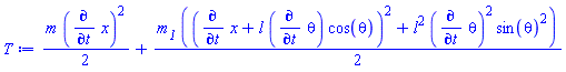 (1/2)*m*(diff(x, t))^2+(1/2)*m__1*((diff(x, t)+l*(diff(theta, t))*cos(theta))^2+l^2*(diff(theta, t))^2*sin(theta)^2)