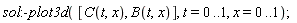 sol:-plot3d([C(t, x), B(t, x)], t = 0 .. 1, x = 0 .. 1)