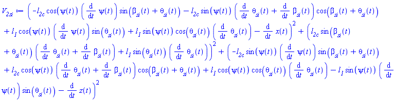 (-l__2c*cos(psi(t))*(diff(psi(t), t))*sin(beta__si(t)+theta__si(t))-l__2c*sin(psi(t))*(diff(theta__si(t), t)+diff(beta__si(t), t))*cos(beta__si(t)+theta__si(t))+l__1*cos(psi(t))*(diff(psi(t), t))*sin(theta__si(t))+l__1*sin(psi(t))*cos(theta__si(t))*(diff(theta__si(t), t))-(diff(x(t), t)))^2+(l__2c*sin(beta__si(t)+theta__si(t))*(diff(theta__si(t), t)+diff(beta__si(t), t))+l__1*sin(theta__si(t))*(diff(theta__si(t), t)))^2+(-l__2c*sin(psi(t))*(diff(psi(t), t))*sin(beta__si(t)+theta__si(t))+l__2c*cos(psi(t))*(diff(theta__si(t), t)+diff(beta__si(t), t))*cos(beta__si(t)+theta__si(t))+l__1*cos(psi(t))*cos(theta__si(t))*(diff(theta__si(t), t))-l__1*sin(psi(t))*(diff(psi(t), t))*sin(theta__si(t))-(diff(z(t), t)))^2