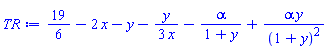 19/6-2*x-y-(1/3)*y/x-alpha/(1+y)+alpha*y/(1+y)^2