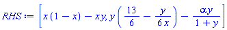 [x*(1-x)-x*y, y*(13/6-(1/6)*y/x)-alpha*y/(1+y)]