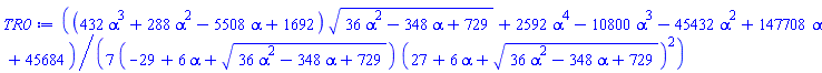 (1/7)*((432*alpha^3+288*alpha^2-5508*alpha+1692)*(36*alpha^2-348*alpha+729)^(1/2)+2592*alpha^4-10800*alpha^3-45432*alpha^2+147708*alpha+45684)/((-29+6*alpha+(36*alpha^2-348*alpha+729)^(1/2))*(27+6*alpha+(36*alpha^2-348*alpha+729)^(1/2))^2)