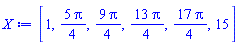 [1, (5/4)*Pi, (9/4)*Pi, (13/4)*Pi, (17/4)*Pi, 15]