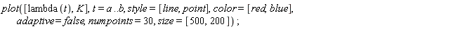 plot([lambda(t), K], t = a .. b, style = [line, point], color = [red, blue], adaptive = false, numpoints = 30, size = [500, 200])