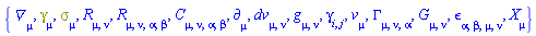 {Physics:-D_[mu], Physics:-Dgamma[mu], Physics:-Psigma[mu], Physics:-Ricci[mu, nu], Physics:-Riemann[mu, nu, alpha, beta], Physics:-Weyl[mu, nu, alpha, beta], Physics:-d_[mu], dv[mu, nu], Physics:-g_[mu, nu], Physics:-gamma_[i, j], v[mu], Physics:-Christoffel[mu, nu, alpha], Physics:-Einstein[mu, nu], Physics:-LeviCivita[alpha, beta, mu, nu], Physics:-SpaceTimeVector[mu](X)}