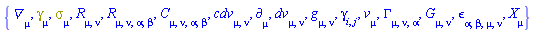 {Physics:-D_[mu], Physics:-Dgamma[mu], Physics:-Psigma[mu], Physics:-Ricci[mu, nu], Physics:-Riemann[mu, nu, alpha, beta], Physics:-Weyl[mu, nu, alpha, beta], cdv[mu, nu], Physics:-d_[mu], dv[mu, nu], Physics:-g_[mu, nu], Physics:-gamma_[i, j], v[mu], Physics:-Christoffel[mu, nu, alpha], Physics:-Einstein[mu, nu], Physics:-LeviCivita[alpha, beta, mu, nu], Physics:-SpaceTimeVector[mu](X)}