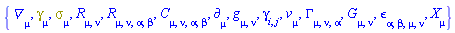 {Physics:-D_[mu], Physics:-Dgamma[mu], Physics:-Psigma[mu], Physics:-Ricci[mu, nu], Physics:-Riemann[mu, nu, alpha, beta], Physics:-Weyl[mu, nu, alpha, beta], Physics:-d_[mu], Physics:-g_[mu, nu], Physics:-gamma_[i, j], v[mu], Physics:-Christoffel[mu, nu, alpha], Physics:-Einstein[mu, nu], Physics:-LeviCivita[alpha, beta, mu, nu], Physics:-SpaceTimeVector[mu](X)}