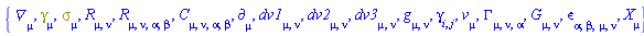 {Physics:-D_[mu], Physics:-Dgamma[mu], Physics:-Psigma[mu], Physics:-Ricci[mu, nu], Physics:-Riemann[mu, nu, alpha, beta], Physics:-Weyl[mu, nu, alpha, beta], Physics:-d_[mu], dv1[mu, nu], dv2[mu, nu], dv3[mu, nu], Physics:-g_[mu, nu], Physics:-gamma_[i, j], v[mu], Physics:-Christoffel[mu, nu, alpha], Physics:-Einstein[mu, nu], Physics:-LeviCivita[alpha, beta, mu, nu], Physics:-SpaceTimeVector[mu](X)}