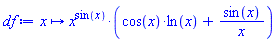 proc (x) options operator, arrow; x^sin(x)*(cos(x)*ln(x)+sin(x)/x) end proc