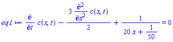 diff(c(x, t), t)-(3/2)*(diff(diff(c(x, t), x), x))+1/(20*x+1/50) = 0