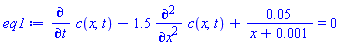 diff(c(x, t), t)-1.5*(diff(diff(c(x, t), x), x))+0.5e-1/(x+0.1e-2) = 0