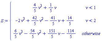 piecewise(v < 1, (4/5)*v^3+(1/5)*v, v < 2, -2*v^3+(42/5)*v^2-(41/5)*v+14/5, (6/5)*v^3-(54/5)*v^2+(151/5)*v-114/5)
