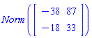 Norm(Matrix(2, 2, {(1, 1) = -38, (1, 2) = 87, (2, 1) = -18, (2, 2) = 33}))