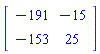 Matrix(2, 2, {(1, 1) = -191, (1, 2) = -15, (2, 1) = -153, (2, 2) = 25})