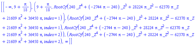 [RealRange(-infinity, Open(9+(1/18)*Pi)), RealRange(Open(9+(1/18)*Pi), Open(RootOf(240*_Z^4+(-2744*Pi-240)*_Z^3+28224*Pi*_Z^2-62370*Pi*_Z+21609*Pi^2+36450*Pi, index = 1))), RealRange(Open(RootOf(240*_Z^4+(-2744*Pi-240)*_Z^3+28224*Pi*_Z^2-62370*Pi*_Z+21609*Pi^2+36450*Pi, index = 1)), Open(RootOf(240*_Z^4+(-2744*Pi-240)*_Z^3+28224*Pi*_Z^2-62370*Pi*_Z+21609*Pi^2+36450*Pi, index = 2))), RealRange(Open(RootOf(240*_Z^4+(-2744*Pi-240)*_Z^3+28224*Pi*_Z^2-62370*Pi*_Z+21609*Pi^2+36450*Pi, index = 2)), infinity)]
